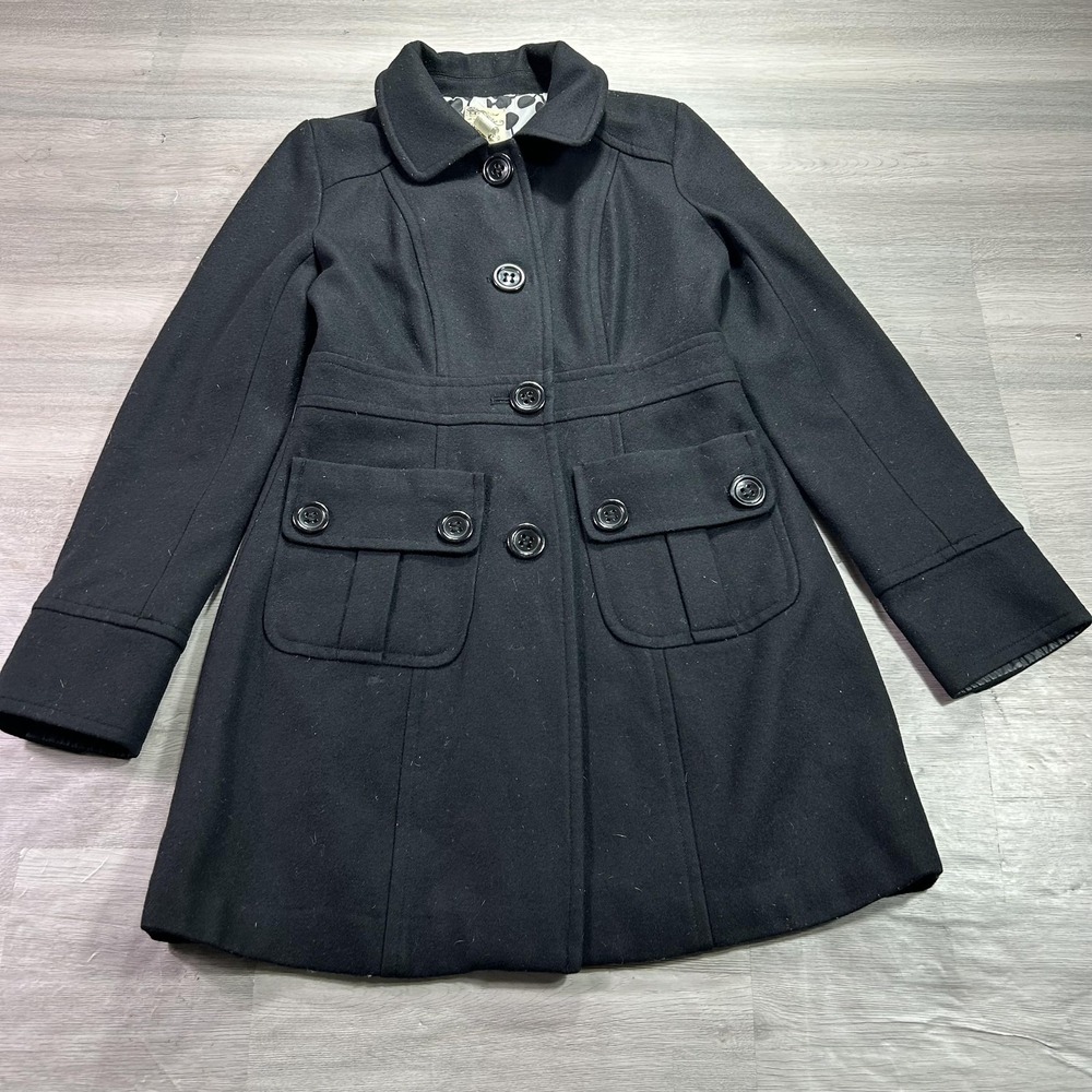 Tulle Coat Womens Large Black Wool Single Breasted Pockets Lined Overcoat